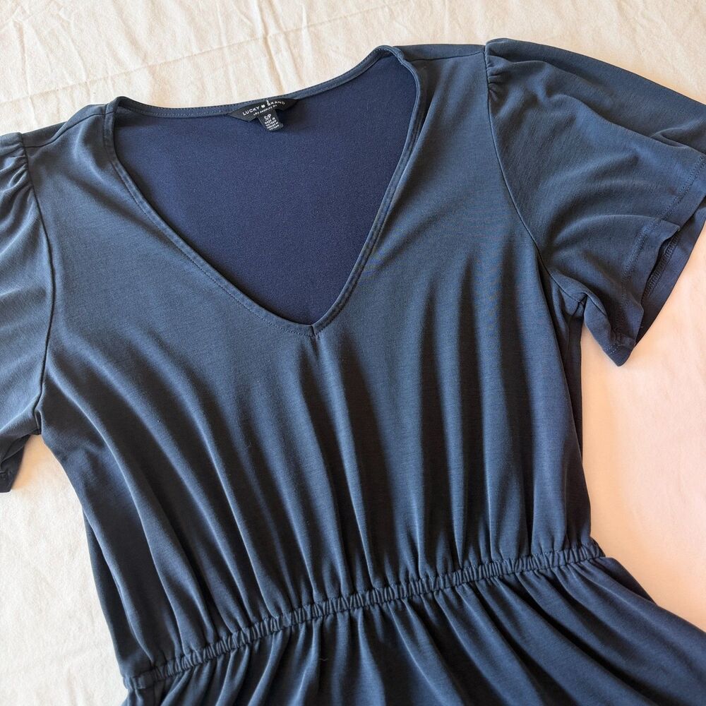 Lucky Brand Small Navy Blue V-Neck Flutter Sleeve Elastic Waist Peplum Top S